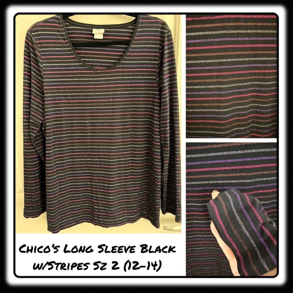 Chico’s lightweight tee black with pink, purple, silver mini stripes